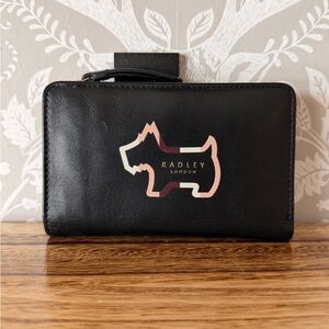 Radley London Shadow Stripe Bifold Wallet Black Leather Scottie Dog EUC